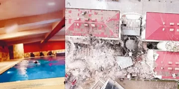 Depremde yıkılan siteye kolon yerine havuz yapılmış