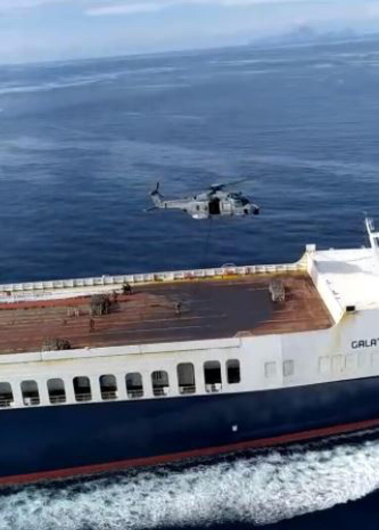 epa10682518 A handout photo made available by Italian Defense, shows the Italian military about to land on the merchant ship Galata Seaways, Naples, Italy, 09 June 2023. The attempted seizure by armed assailants on the bridge of a Turkish cargo ship and the SOS launched by Turkish sailors. And shortly after the men of the San Marco Marina Brigade descending from the helicopters to neutralize the group of irregular migrants who had attempted to hijack the ship. The special operation in the Tyrrhenian Sea, off the coast of Naples, managed to avert the attack of about fifteen migrants, probably coming from the Middle Eastern route, who became pirates in a few moments. An operation which, although the cargo was then escorted to the port of Naples where a police force was deployed, continued with the reclamation of the ship. The merchant ship was carrying trucks and had left from the port of Topcular in Turkey on 7 June bound for France to the port of Seté where it was to land on 10 June but the journey was interrupted near the island of Ischia: after the discovery of the Irregular migrants, perhaps hidden in one of the trucks on board, tried to take possession of the merchant vessel Galata Seaways, putting the twenty-two crew members in check.  EPA-EFE/ITALIAN DEFENSE PRESS OFFICE HANDOUT  HANDOUT EDITORIAL USE ONLY/NO SALES