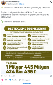 1,4 milyar lira tarımsal destek ödemesi yapılacak tarimsal destek habermeydan