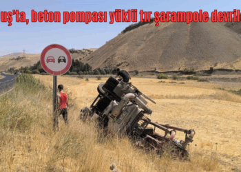 Muş’ta, beton pompası yüklü tır şarampole devrildi!