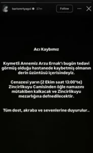 Baris Murat Yagcinin annesi kim Arzu Ernak neden vefat etti1 habermeydan
